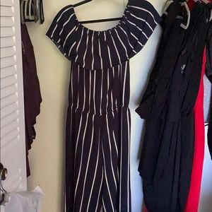 Navy blue and white off the shoulder jumpsuit.